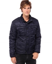Lighter than a puffer, this jacket adds some cool sheen to your layered look this fall. Lighter than a puffer, this jacket adds some cool sheen to your layered look this fall.