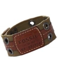 Become a one-man style army with this bracelet from Fossil. It's made from olive-colored canvas with leather details for extra-rugged appeal. Adjusts to fit wrist. Approximate length: 7-7-3/4 inches. Become a one-man style army with this bracelet from Fossil. It's made from olive-colored canvas with leather details for extra-rugged appeal. Adjusts to fit wrist. Approximate length: 7-7-3/4 inches.