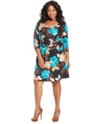 Look sensational and slender with Elementz' three-quarter sleeve plus size dress, featuring a slimming panel inset and an A-line shape. Look sensational and slender with Elementz' three-quarter sleeve plus size dress, featuring a slimming panel inset and an A-line shape.