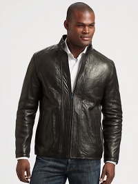 Make a statement without saying a word in this exquisite leather jacket treated perfectly to exude a look that is both rugged and refined.Zip frontStand collarSide slash pocketsAbout 28 from shoulder to hemLeatherDry cleanImported Make a statement without saying a word in this exquisite leather jacket treated perfectly to exude a look that is both rugged and refined.Zip frontStand collarSide slash pocketsAbout 28 from shoulder to hemLeatherDry cleanImported