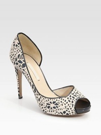 A classic silk-covered peep-toe style in a lacy, laser-cut pattern.Self-covered stiletto heel, 4¼ (110mm) Covered platform, ¼ (5mm) Compares to a 4 heel (100mm) Leather lining and sole Made in ItalyOUR FIT MODEL RECOMMENDS ordering one size up as this style runs small. A classic silk-covered peep-toe style in a lacy, laser-cut pattern.Self-covered stiletto heel, 4¼ (110mm) Covered platform, ¼ (5mm) Compares to a 4 heel (100mm) Leather lining and sole Made in ItalyOUR FIT MODEL RECOMMENDS ordering one size up as this style runs small.