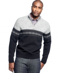 A fairisle print on this Geoffrey Beene sweater adds distinction to your everyday look. A fairisle print on this Geoffrey Beene sweater adds distinction to your everyday look.