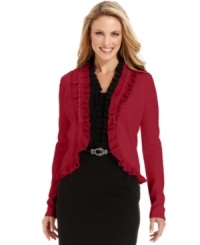 Finish your look with this feminine layer from Charter Club, featuring ruffled metallic-knit trim along the placket and hem. Finish your look with this feminine layer from Charter Club, featuring ruffled metallic-knit trim along the placket and hem.