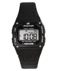 The Shark Classic watch by Freestyle is ready for play. This unisex watch has a black polyurethane strap and black square plastic case. Digital dial with time, day, date, night vision backlight, stop watch and two alarms. Digital movement. Water resistant to 100 meters. Limited lifetime warranty.