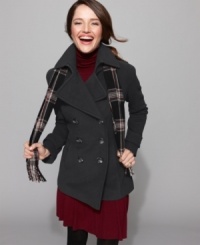 Get a polished look this fall with a perfectly-matched pea coat and scarf combo from London Fog. Get a polished look this fall with a perfectly-matched pea coat and scarf combo from London Fog.