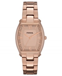 A streamlined silhouette is graced with rosy hues on this Wallace collection watch from Fossil. A streamlined silhouette is graced with rosy hues on this Wallace collection watch from Fossil.