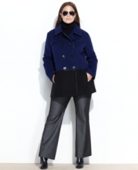 Perk up your look with this plus size colorblocked pea coat from Steve Madden--a classic silhouette with completely contemporary touches. Perk up your look with this plus size colorblocked pea coat from Steve Madden--a classic silhouette with completely contemporary touches.