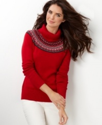 Charter Club offers the coziest look of the season with this turtleneck sweater in Fair Isle knit. Try it with winter white jeans for fresh style. Charter Club offers the coziest look of the season with this turtleneck sweater in Fair Isle knit. Try it with winter white jeans for fresh style.