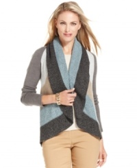 Charter Club's open-front cardigan gets a handcrafted touch with colorblocked marled knit and a cozy foldover shawl collar. Charter Club's open-front cardigan gets a handcrafted touch with colorblocked marled knit and a cozy foldover shawl collar.