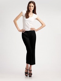 Fine-gauge cotton knit with just a hint of stretch, cropped above the knee for a casual look.Midrise waistband Belt loops Zip-fly Slash pockets Back welt pockets Inseam, about 28 98% cotton/2% Lycra Dry clean Made in USA Fine-gauge cotton knit with just a hint of stretch, cropped above the knee for a casual look.Midrise waistband Belt loops Zip-fly Slash pockets Back welt pockets Inseam, about 28 98% cotton/2% Lycra Dry clean Made in USA