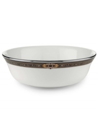 For nearly 150 years, Lenox has been renowned throughout the world as a premier designer and manufacturer of fine china. The Vintage Jewel pattern from Lenox's dinnerware and dishes collection evokes a more gracious era, combining pure white bone china with a dark, richly patterned band of muted gold, taupe, charcoal, and black, and accented with subtle touches of cobalt blue. For nearly 150 years, Lenox has been renowned throughout the world as a premier designer and manufacturer of fine china. The Vintage Jewel pattern from Lenox's dinnerware and dishes collection evokes a more gracious era, combining pure white bone china with a dark, richly patterned band of muted gold, taupe, charcoal, and black, and accented with subtle touches of cobalt blue.