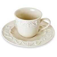 Feminine and sophisticated. Off-white porcelain body with white embossing. Dishwasher and microwave safe.