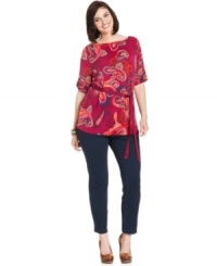 Look pretty in paisley with Charter Club's three-quarter-sleeve plus size top, accentuated by a belted waist. (Clearance) Look pretty in paisley with Charter Club's three-quarter-sleeve plus size top, accentuated by a belted waist. (Clearance)