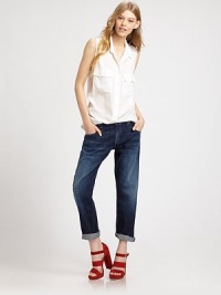 Dark-rinse denim, lightly distressed in a relaxed hip-slung crop.THE FITHits just above anklesRise, about 8Inseam, about 26THE DETAILSZip flyFive-pocket style89% cotton/11% polysterMachine washMade in USA of Italian fabricModel shown is 5'9 (175cm) wearing US size 4. Dark-rinse denim, lightly distressed in a relaxed hip-slung crop.THE FITHits just above anklesRise, about 8Inseam, about 26THE DETAILSZip flyFive-pocket style89% cotton/11% polysterMachine washMade in USA of Italian fabricModel shown is 5'9 (175cm) wearing US size 4.