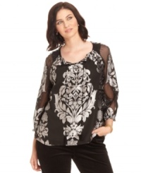 Be an image of casual elegance in Charter Club's plus size peasant top, featuring sheer accents.