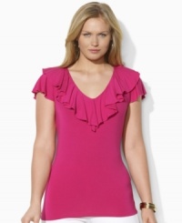 A V-neck plus size jersey top is trimmed with a flourish of ruffles at the neckline and delicate flutter sleeves, from Lauren by Ralph Lauren. A V-neck plus size jersey top is trimmed with a flourish of ruffles at the neckline and delicate flutter sleeves, from Lauren by Ralph Lauren.