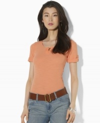 Lauren Jeans Co.'s modern twist on the classic Henley shirt, this stylish essential is crafted in soft waffle-knit slub cotton with chic roll-tab sleeves. Lauren Jeans Co.'s modern twist on the classic Henley shirt, this stylish essential is crafted in soft waffle-knit slub cotton with chic roll-tab sleeves.