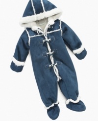 Keep him warm and comfortable in this handsome and always trendy faux shearling snowsuit by First Impressions. Keep him warm and comfortable in this handsome and always trendy faux shearling snowsuit by First Impressions.