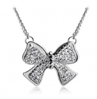 Fashionable Silver Tone Chain Swarovski Crystal Bow Tie Butterfly Pendant Necklace Urban Girl Charm