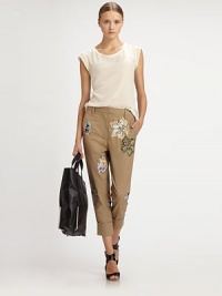 Floral embroidery adds an artful aesthetic to these high-waisted cotton dress pants with a touch of stretch. Tab closureZip flyRolled cuffsSingle back besom pocketSilk liningRise, about 11Inseam, about 23Cotton/elastaneDry cleanImportedModel shown is 5'10 (177cm) wearing US size 4. Floral embroidery adds an artful aesthetic to these high-waisted cotton dress pants with a touch of stretch. Tab closureZip flyRolled cuffsSingle back besom pocketSilk liningRise, about 11Inseam, about 23Cotton/elastaneDry cleanImportedModel shown is 5'10 (177cm) wearing US size 4.