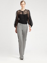 Delicate floral silk lace, in a button-front style finished with feminine blouson sleeves.Darted jewel necklineButton frontThree-quarter blouson sleevesSilk camisole liningPolyesterDry cleanImported of Italian fabricModel shown is 5'10½ (177cm) wearing US size 4. Delicate floral silk lace, in a button-front style finished with feminine blouson sleeves.Darted jewel necklineButton frontThree-quarter blouson sleevesSilk camisole liningPolyesterDry cleanImported of Italian fabricModel shown is 5'10½ (177cm) wearing US size 4.