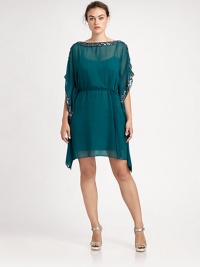 An ethereal chiffon design featuring exquisite embellishments and a self-tie belt to define your waist.BoatneckCold shouldersSequin trimSelf-tie beltHandkerchief hemAbout 36 from natural waistPolyesterSpot cleanImported An ethereal chiffon design featuring exquisite embellishments and a self-tie belt to define your waist.BoatneckCold shouldersSequin trimSelf-tie beltHandkerchief hemAbout 36 from natural waistPolyesterSpot cleanImported