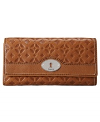 A gorgeous embossed leather covers this vintage-inspired design. This Fossil clutch wallet features classic signature hardware, silver-tone accents and heavy stitching. A gorgeous embossed leather covers this vintage-inspired design. This Fossil clutch wallet features classic signature hardware, silver-tone accents and heavy stitching.