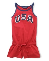 A preppy, all-American look for your budding athlete, this warm-weather tank romper lets her support Team USA as she runs, jumps and climbs. A preppy, all-American look for your budding athlete, this warm-weather tank romper lets her support Team USA as she runs, jumps and climbs.