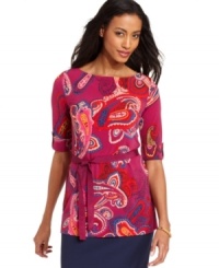 A pretty paisley print and a dainty ribbon belt create a charming effect on this petite tunic from Charter Club. (Clearance) A pretty paisley print and a dainty ribbon belt create a charming effect on this petite tunic from Charter Club. (Clearance)
