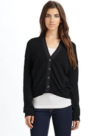 THE LOOKV necklineButton frontLong sleeves with ribbed cuffsGrosgrain ribbon trims the neckline & placketDual patch pocketsRibbed hemTHE FITAbout 25 from shoulder to hemTHE MATERIALCashmereCARE & ORIGINDry cleanImported THE LOOKV necklineButton frontLong sleeves with ribbed cuffsGrosgrain ribbon trims the neckline & placketDual patch pocketsRibbed hemTHE FITAbout 25 from shoulder to hemTHE MATERIALCashmereCARE & ORIGINDry cleanImported