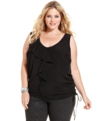 Ruffle up your look this season with DKNY Jeans' sleeveless plus size top-- layer it with a statement jacket! Ruffle up your look this season with DKNY Jeans' sleeveless plus size top-- layer it with a statement jacket!