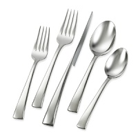 A streamlined and contemporary flatware set with the knife standing on its blade; a guaranteed finishing touch on your table! Includes service for 8 with 5 serving pieces (serving spoon, slotted spoon, serving fork, butter knife and sugar spoon).