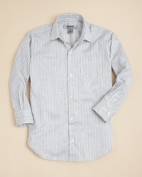 DKNY's double pinstripe button down shirt updates his dressy wardrobe with a versatile piece that adapts to his personal look. DKNY's double pinstripe button down shirt updates his dressy wardrobe with a versatile piece that adapts to his personal look.