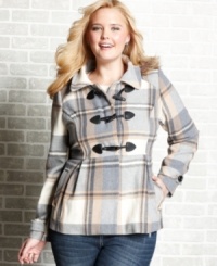 Go mad over plaid with Dollhouse's plus size toggle-front jacket, featuring a faux fur hood. Go mad over plaid with Dollhouse's plus size toggle-front jacket, featuring a faux fur hood.