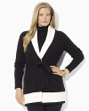A must-have cardigan is rendered in a cozy cotton blend with bold color-blocked details and an elegant self-tie waist for an extra-feminine finish.