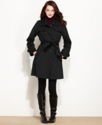 Faux patent-leather trim adds a fashionable edge to this timeless Jones New York trench coat! Faux patent-leather trim adds a fashionable edge to this timeless Jones New York trench coat!