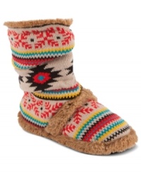The eclectic Daphne booties from Muk Luks features a bold pattern and faux-fur detailing to keep you warm in style. The eclectic Daphne booties from Muk Luks features a bold pattern and faux-fur detailing to keep you warm in style.