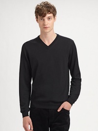 A casual-to-dressy must-have for the modern man, with a flattering v-neck and fitted ribbed sleeves.Ribbed v-neckLong sleeves with ribbed cuffsRibbed hemMerino woolHand wash or dry cleanImported A casual-to-dressy must-have for the modern man, with a flattering v-neck and fitted ribbed sleeves.Ribbed v-neckLong sleeves with ribbed cuffsRibbed hemMerino woolHand wash or dry cleanImported