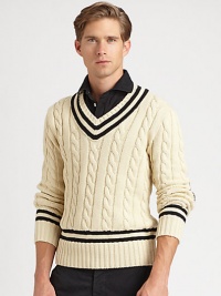 Fashioned in a heritage cable knit from luxe Italian cotton, a classic V-neck sweater is adorned with cricket stripes and herringbone wool elbow patches for authentic style.V-neckRibbed collar, cuffs and hemElbow patch detailCottonHand washImported Fashioned in a heritage cable knit from luxe Italian cotton, a classic V-neck sweater is adorned with cricket stripes and herringbone wool elbow patches for authentic style.V-neckRibbed collar, cuffs and hemElbow patch detailCottonHand washImported