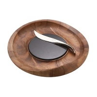 Designer Sean O'Hara emphasizes the glowing warmth of acacia wood by accenting this 14-inch-diameter cheese tray with a granite cutting surface and accompanying the tray with a lustrous 9-inch stainless-steel knife. Shaped in a double curve for beauty and utility, the knife fits comfortably in the hand and has a pointed tip for impaling cheese slices so they can be easily transferred to crackers or plates. The tray's swooping rim, inspired by a butterfly, rises to 2.5 inches high. Acacia, a dense, durable hardwood, features finely patterned grain of varying shades and, being naturally resinous, will not absorb stains or odors. The tray and granite cutting surface can be hand washed with warm soapy water. Forged of durable, rust-resistant 18/10 stainless steel, the knife is dishwasher-safe. Designer Sean O'Hara emphasizes the glowing warmth of acacia wood by accenting this 14-inch-diameter cheese tray with a granite cutting surface and accompanying the tray with a lustrous 9-inch stainless-steel knife. Shaped in a double curve for beauty and utility, the knife fits comfortably in the hand and has a pointed tip for impaling cheese slices so they can be easily transferred to crackers or plates. The tray's swooping rim, inspired by a butterfly, rises to 2.5 inches high. Acacia, a dense, durable hardwood, features finely patterned grain of varying shades and, being naturally resinous, will not absorb stains or odors. The tray and granite cutting surface can be hand washed with warm soapy water. Forged of durable, rust-resistant 18/10 stainless steel, the knife is dishwasher-safe.