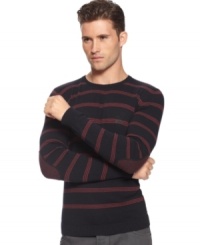 The cold weather counterpart to that striped tee that you loved and wore all summer long: Armani Jeans lightweight striped sweater with contrast elbow patches. The cold weather counterpart to that striped tee that you loved and wore all summer long: Armani Jeans lightweight striped sweater with contrast elbow patches.