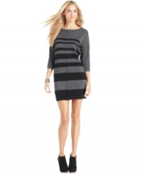 Solid stripes on metallic knit makes a big impact on this sleek sweater dress from DKNY Jeans. Solid stripes on metallic knit makes a big impact on this sleek sweater dress from DKNY Jeans.
