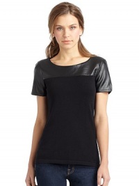 THE LOOKRoundneckFaux leather yoke and sleevesShort sleevesBack zip closureTHE FITAbout 24 from shoulder to hemTHE MATERIALNylon/rayon/modalFaux leatherCARE & ORIGINHand washImportedModel shown is 5'10 (177cm) wearing US size Small.This item was originally available for purchase at Saks Fifth Avenue OFF 5TH stores. THE LOOKRoundneckFaux leather yoke and sleevesShort sleevesBack zip closureTHE FITAbout 24 from shoulder to hemTHE MATERIALNylon/rayon/modalFaux leatherCARE & ORIGINHand washImportedModel shown is 5'10 (177cm) wearing US size Small.This item was originally available for purchase at Saks Fifth Avenue OFF 5TH stores.