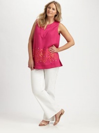 Embellished by pretty beads, this pull-on style features an ultra-feminine neckline and a relaxed silhouette.Unique split necklineSleevelessFrench bust dartsBead detailsPull-on styleAbout 30 from shoulder to hemLinenDry cleanImported Embellished by pretty beads, this pull-on style features an ultra-feminine neckline and a relaxed silhouette.Unique split necklineSleevelessFrench bust dartsBead detailsPull-on styleAbout 30 from shoulder to hemLinenDry cleanImported