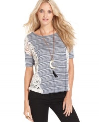 Lace insets adds sheer sweetness to this Free People striped top -- perfect for a cute, casual look! Lace insets adds sheer sweetness to this Free People striped top -- perfect for a cute, casual look!