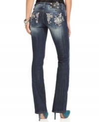 Rhinestone-floral embroidery add feminine flair to these Miss Me bootcut jeans -- perfect for daytime glam! Rhinestone-floral embroidery add feminine flair to these Miss Me bootcut jeans -- perfect for daytime glam!
