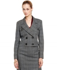 Traditional tweed gets a modern makeover for the office. Double-breasted styling and a cropped hem create a fresh twist on a classic blazer, from Nine West. Traditional tweed gets a modern makeover for the office. Double-breasted styling and a cropped hem create a fresh twist on a classic blazer, from Nine West.