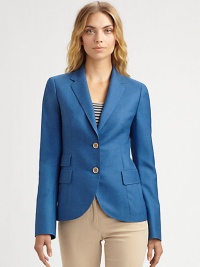 Modern top stitching adds dimension to this impeccably tailored design.Notched lapelsFront buttonsFlap pocketsVented cuffsTop stitched detailsSilk liningAbout 24 from shoulder to hemCashmere/silkDry cleanImported of Italian fabricModel shown is 5'10 (177cm) wearing US size 4. Modern top stitching adds dimension to this impeccably tailored design.Notched lapelsFront buttonsFlap pocketsVented cuffsTop stitched detailsSilk liningAbout 24 from shoulder to hemCashmere/silkDry cleanImported of Italian fabricModel shown is 5'10 (177cm) wearing US size 4.
