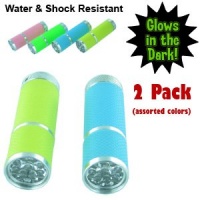 Glow in the Dark, Water Resistant Rubber Coated Body Super Bright 9 LED Flashlight. Pack of 2 Glow in the Dark, Water Resistant Rubber Coated Body Super Bright 9 LED Flashlight. Pack of 2