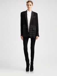 A menswear-inspired blazer updated with striped grosgrain trim and sparkling rhinestones.Notched-collarChest pocketFront buttonFlap pocketsAbout 29 from shoulder to hemPolyesterDry cleanImportedModel shown is 5'10 (177cm) wearing US size 4. A menswear-inspired blazer updated with striped grosgrain trim and sparkling rhinestones.Notched-collarChest pocketFront buttonFlap pocketsAbout 29 from shoulder to hemPolyesterDry cleanImportedModel shown is 5'10 (177cm) wearing US size 4.